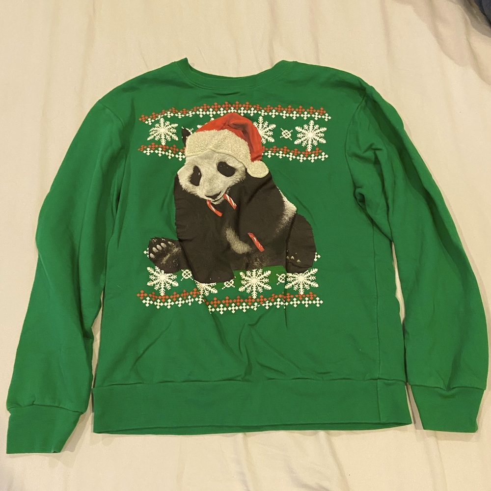 Green panda holiday crew neck sweatshirt